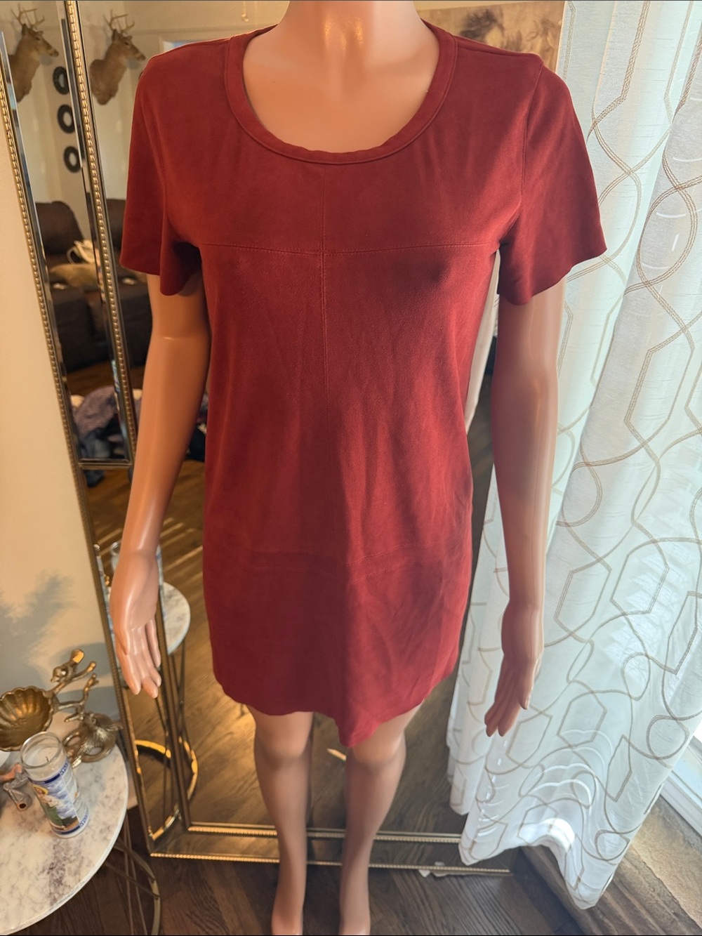 Vici Short Sleeve Scoop Neck Tunic Dress - Burgundy Red